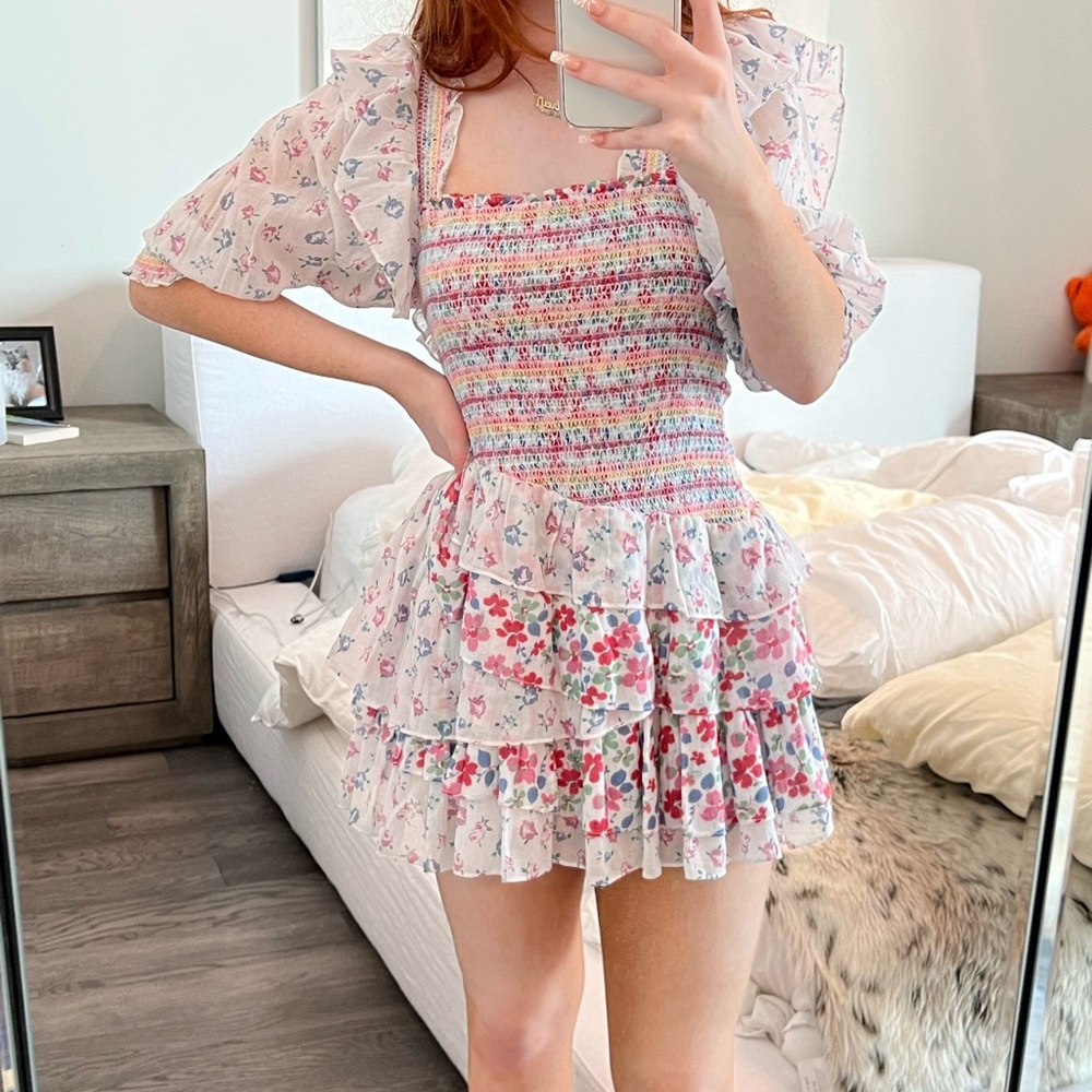 NWOT rare loveshackfancy golden white floral ruffle mini dress size P (XXS)